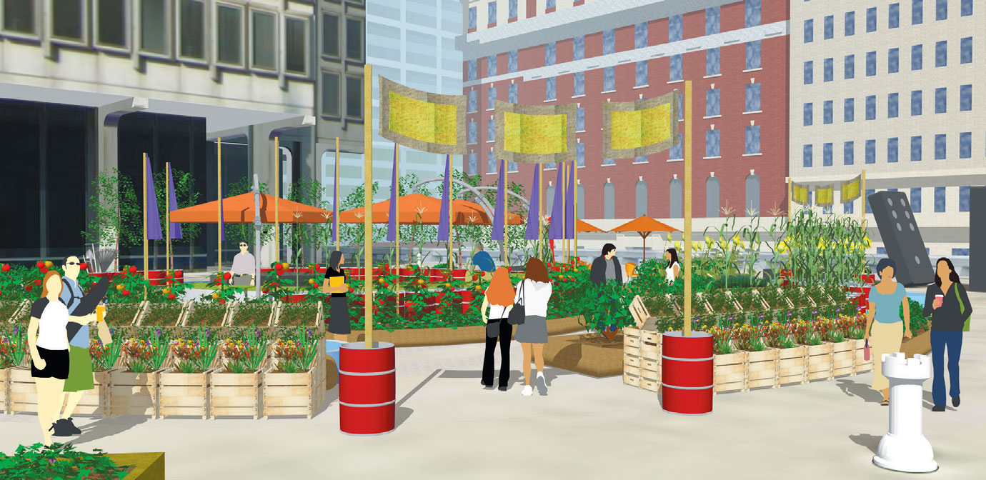 Rendering of Farm for the City, open this summer in Thomas Paine Plaza.