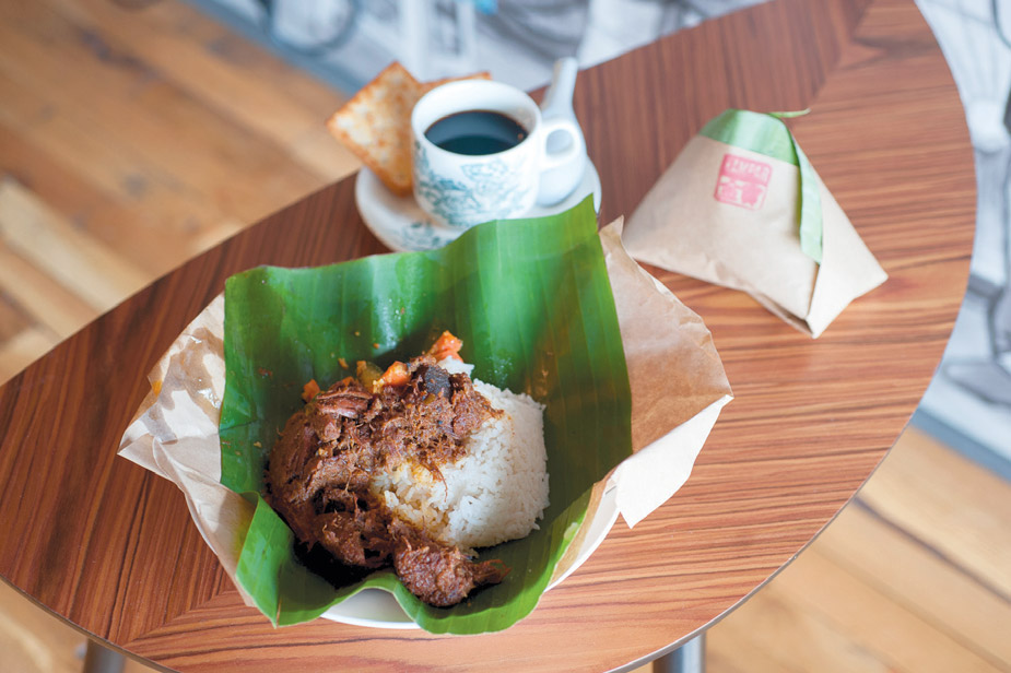 Bungkus and coffee from Sate Kampar PHOTOGRAPH: REBECCA McALPIN