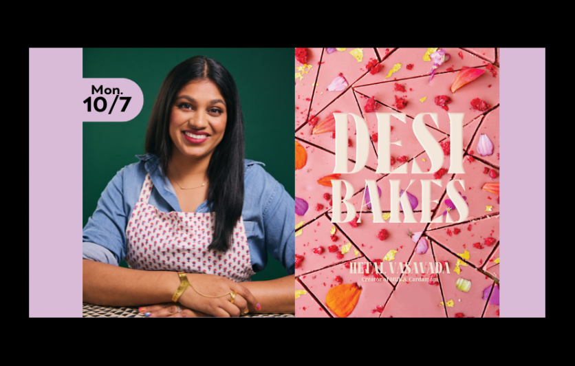 Headshot of author Hetal Vasavada with the cover of her new book, Desi Bakes