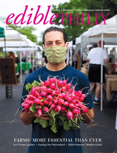 Edible Philly Summer 2020 issue cover - man wearing face mask at farmers market