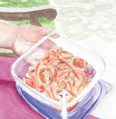 illustration of fettuccini with marinara and grilled chicken in a tupperware container