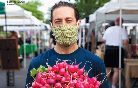 Edible Philly Summer 2020 issue cover - man wearing face mask at farmers market