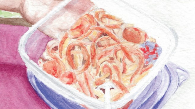 illustration of fettuccini with marinara and grilled chicken in a tupperware container