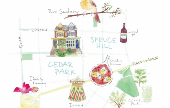 Illustration of the Philly neighborhoods Spruce Hill and Cedar Park