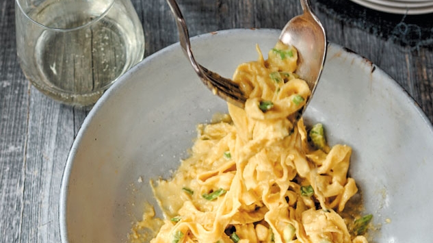 Fettuccine with Corn Crema and Charred Green Onions